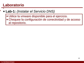 40
Ing. Ariel Alvarez Enríquez
 Lab-1: (Instalar el Servicio DNS)
 Utilice la vmware disponible para el ejercicio.
 Chequee la configuración de conectividad y de acceso
al repositorio.
Laboratorio
 
