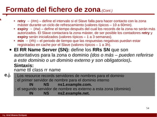 54
Ing. Ariel Alvarez Enríquez
Formato del fichero de zona (Cont.)
 retry → (#m) – define el intervalo si el Slave falla para hacer contacto con la zona
máster durante un ciclo de refrescamiento (valores típicos – 10 a 60min).
 expiry → (#w) – define el tiempo después del cual los records de la zona no serán más
autorizados. El Slave contactara la zona máster, de ser posible los contadores retry y
expiry serán inicializados (valores típicos – 1 a 3 semanas).
 min → (#h) – el periodo de tiempo que las respuestas negativas puedan estar
registradas en cache por el Slave (valores típicos – 1 a 3h).
 El RR Name Server (SN): define los RRs SN que son
autoritativos para la zona o dominio (dos o más – pueden referirse
a este dominio o un dominio externo y son obligatorios).
Sintaxis:
name ttl class rr name
; Los resource records servidores de nombres para el dominio
; el primer servidor de nombre para el dominio interno
IN NS ns1.example.com.
; el segundo servidor de nombre es externo a esta zona (dominio)
IN NS ns2.example.net.
e.j.
 