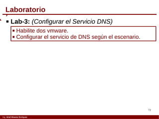 72
Ing. Ariel Alvarez Enríquez
 Lab-3: (Configurar el Servicio DNS)
 Habilite dos vmware.
 Configurar el servicio de DNS según el escenario.
Laboratorio
 