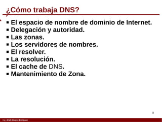 8
Ing. Ariel Alvarez Enríquez
 El espacio de nombre de dominio de Internet.
 Delegación y autoridad.
 Las zonas.
 Los servidores de nombres.
 El resolver.
 La resolución.
 El cache de DNS.
 Mantenimiento de Zona.
¿Cómo trabaja DNS?
 