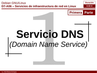 Duración
8:00 H
Debian GNU/Linux
D7-A06 – Servicios de infraestructura de red en Linux
Servicio DNS
(Domain Name Service)
Ing. Ariel Alvarez Enríquez
Primera Parte
 