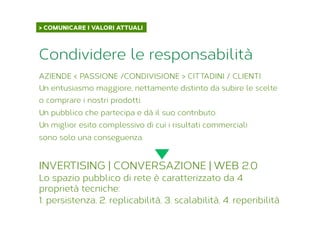 > COMUNICARE I VALORI ATTUALI	
  
AZIENDE < PASSIONE /CONDIVISIONE > CITTADINI / CLIENTI
Un entusiasmo maggiore, nettamente distinto da subire le scelte
o comprare i nostri prodotti.
Un pubblico che partecipa e dà il suo contributo.
Un miglior esito complessivo di cui i risultati commerciali
sono solo una conseguenza.
INVERTISING | CONVERSAZIONE | WEB 2.0
Lo spazio pubblico di rete è caratterizzato da 4
proprietà tecniche:
1. persistenza, 2. replicabilità, 3. scalabilità, 4. reperibilità
Condividere le responsabilità
 