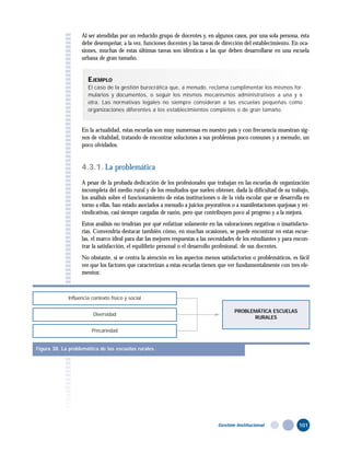 Al ser atendidas por un reducido grupo de docentes y, en algunos casos, por una sola persona, ésta
debe desempeñar, a la vez, funciones docentes y las tareas de dirección del establecimiento. En oca-
siones, muchas de estas últimas tareas son idénticas a las que deben desarrollarse en una escuela
urbana de gran tamaño.
En la actualidad, estas escuelas son muy numerosas en nuestro país y con frecuencia muestran sig-
nos de vitalidad, tratando de encontrar soluciones a sus problemas poco comunes y a menudo, un
poco olvidados.
4.3.1. La problemática
A pesar de la probada dedicación de los profesionales que trabajan en las escuelas de organización
incompleta del medio rural y de los resultados que suelen obtener, dada la dificultad de su trabajo,
los análisis sobre el funcionamiento de estas instituciones o de la vida escolar que se desarrolla en
torno a ellas, han estado asociados a menudo a juicios peyorativos o a manifestaciones quejosas y rei-
vindicativas, casi siempre cargadas de razón, pero que contribuyen poco al progreso y a la mejora.
Estos análisis no tendrían por qué enfatizar solamente en las valoraciones negativas o insatisfacto-
rias. Convendría destacar también cómo, en muchas ocasiones, se puede encontrar en estas escue-
las, el marco ideal para dar las mejores respuestas a las necesidades de los estudiantes y para encon-
trar la satisfacción, el equilibrio personal o el desarrollo profesional, de sus docentes.
No obstante, si se centra la atención en los aspectos menos satisfactorios o problemáticos, es fácil
ver que los factores que caracterizan a estas escuelas tienen que ver fundamentalmente con tres ele-
mentos:
EJEMPLO
El caso de la gestión burocrática que, a menudo, reclama cumplimentar los mismos for-
mularios y documentos, o seguir los mismos mecanismos administrativos a una y a
otra. Las normativas legales no siempre consideran a las escuelas pequeñas como
organizaciones diferentes a los establecimientos completos o de gran tamaño.
101
Gestión Institucional
Figura 38. La problemática de las escuelas rurales.
PROBLEMÁTICA ESCUELAS
RURALES
Influencia contexto físico y social
Diversidad
Precariedad
 