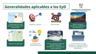 Contextualización del
proyecto, Estado actual
del corredor
Objetivo y alcance Metodología Definir longitud,
abscisas y coordenadas
de intervención.
Mapa de localización Conclusiones y
recomendaciones
Firma original profesional
idóneo, Matricula
profesional y memorial de
responsabilidad
La información se debe
entregar en original, en PDF y
en formato editable, física y
digitalmente
Generalidades aplicables a los EyD
 