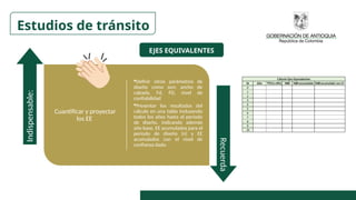 EJES EQUIVALENTES
Cuantificar y proyectar
los EE
Definir otros parámetros de
diseño como son: ancho de
calzada, Fd, FD, nivel de
confiabilidad
Presentar los resultados del
cálculo en una tabla incluyendo
todos los años hasta el periodo
de diseño, indicando además
año base, EE acumulados para el
periodo de diseño (n) y EE
acumulados con el nivel de
confianza dado.
Indispensable:
Recuerda
Estudios de tránsito
 