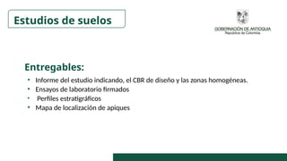 • Informe del estudio indicando, el CBR de diseño y las zonas homogéneas.
• Ensayos de laboratorio firmados
• Perfiles estratigráficos
• Mapa de localización de apiques
Estudios de suelos
Entregables:
 