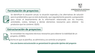 Se identifican la situación actual, la situación esperada y las alternativas de solución
para la problemática que se está analizando, que seguidamente pasarán a preparación
para iniciar el levantamiento de la información relacionada con los insumos,
actividades, costos, tiempos y demás elementos necesarios para obtener los
productos que las contiene. (QUE).
Formulación de proyectos:
Estructuración de proyectos:
Se consolidan los requisitos técnicos necesarios para obtener la viabilidad de un
proyecto. (COMO).
Forma en que se planifica, se administra y se controla un proyecto
Con una buena estructuración se garantizará la ejecución óptima del proyecto
 