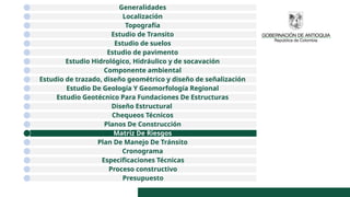 Generalidades
Localización
Topografía
Estudio de Transito
Estudio de suelos
Estudio de pavimento
Estudio Hidrológico, Hidráulico y de socavación
Componente ambiental
Estudio de trazado, diseño geométrico y diseño de señalización
Estudio De Geología Y Geomorfología Regional
Estudio Geotécnico Para Fundaciones De Estructuras
Diseño Estructural
Chequeos Técnicos
Planos De Construcción
Matriz De Riesgos
Plan De Manejo De Tránsito
Cronograma
Especificaciones Técnicas
Proceso constructivo
Presupuesto
 