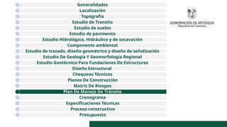 Generalidades
Localización
Topografía
Estudio de Transito
Estudio de suelos
Estudio de pavimento
Estudio Hidrológico, Hidráulico y de socavación
Componente ambiental
Estudio de trazado, diseño geométrico y diseño de señalización
Estudio De Geología Y Geomorfología Regional
Estudio Geotécnico Para Fundaciones De Estructuras
Diseño Estructural
Chequeos Técnicos
Planos De Construcción
Matriz De Riesgos
Plan De Manejo De Tránsito
Cronograma
Especificaciones Técnicas
Proceso constructivo
Presupuesto
 