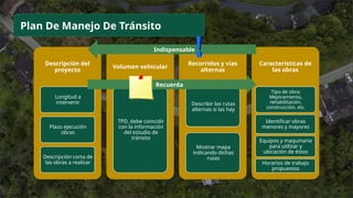 Descripción del
proyecto
Longitud a
intervenir
Plazo ejecución
obras
Descripción corta de
las obras a realizar
Volumen vehicular
TPD, debe coincidir
con la información
del estudio de
tránsito
Recorridos y vías
alternas
Describir las rutas
alternas si las hay
Mostrar mapa
indicando dichas
rutas
Características de
las obras
Tipo de obra:
Mejoramiento,
rehabilitación,
construcción, etc.
Identificar obras
menores y mayores
Equipos y maquinaria
para utilizar y
ubicación de éstos
Horarios de trabajo
propuestos
Indispensable
Recuerda
Plan De Manejo De Tránsito
 