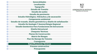 Generalidades
Localización
Topografía
Estudio de Transito
Estudio de suelos
Estudio de pavimento
Estudio Hidrológico, Hidráulico y de socavación
Componente ambiental
Estudio de trazado, diseño geométrico y diseño de señalización
Estudio De Geología Y Geomorfología Regional
Estudio Geotécnico Para Fundaciones De Estructuras
Diseño Estructural
Chequeos Técnicos
Planos De Construcción
Matriz De Riesgos
Plan De Manejo De Tránsito
Cronograma
Especificaciones Técnicas
Proceso constructivo
Presupuesto
 