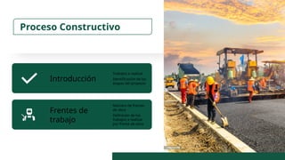 Proceso Constructivo
Introducción
Trabajos a realizar
Identificación de las
etapas del proyecto
Frentes de
trabajo
Número de frentes
de obra
Definición de los
trabajos a realizar
por frente de obra
 