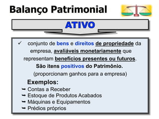 Balanço Patrimonial 
ü conjunto de bens e direitos de propriedade da 
empresa, avaliáveis monetariamente que 
representam benefícios presentes ou futuros. 
São itens positivos do Patrimônio. 
(proporcionam ganhos para a empresa) 
Exemplos: 
Ê Contas a Receber 
Ê Estoque de Produtos Acabados 
Ê Máquinas e Equipamentos 
Ê Prédios próprios 
 