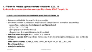 A.- Visión del Proceso agente aduanero y incoterms 2020. 7h
B.- Parte documentación aduanera especifica cliente RORO Turquía. 5h
B.- Parte documentación aduanera más específica del cliente. 5h
- Documentación DUA: Declaración de importación.
- Documentación en el proceso de Importaciones y exportaciones (diferentes documentos)
oespecífico a trabajo de cliente (acuerdo confidencialidad)
o(EX1+EXS+T1+T2+T2L)
oDUA provisional +DUA definitivo
oDocumentos de release (documento del pedido)
- Certificaciones de origen: EUR1, EUR2, ATR, FORM A
- Pólizas de seguros: de transporte de mercancías, de crédito a la exportación (CESCE) o de cambio de
divisas
- Otras certificaciones: AGREX, SOIVRE, SANIM, FITIN/TFITIN, CITIES, CONAL, etc.
- Ejercicios prácticos
- Conclusiones finales
23/01/2023 BORJA ARRIZABALAGA 3
 
