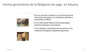 Hechos generadores de la Obligación de pago en Aduana
3.El uso, consumo o destino en una Zona Franca de
mercancías extranjeras, en condiciones distintas a
las previstas al efecto.
4. En la internación ilícita de mercancías desde
territorio extranjero o zona franca
5. En la pérdida o sustracción de mercancías en los
medios de transporte y depósitos aduaneros.
23/01/2023 BORJA ARRIZABALAGA 42
 