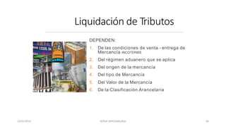 Liquidación de Tributos
DEPENDEN:
1. De las condiciones de venta - entrega de
Mercancía INCOTERMS
2. Del régimen aduanero que se aplica
3. Del origen de la mercancía
4. Del tipo de Mercancía
5. Del Valor de la Mercancía
6. De la Clasificación Arancelaria
23/01/2023 BORJA ARRIZABALAGA 90
 