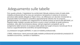 Adeguamento sulle tabelle
Con questo articolo, il legislatore ha confermato l'attuale sistema misto di tutela delle
malattie professionali ed ha reso più semplice e tempestivo il sistema di revisione
periodica delle tabelle allegate al Testo Unico, da effettuarsi con decreto ministeriale su
proposta della Commissione scientifica appositamente istituita che ne propone,
periodicamente, la modifica e/o integrazione ha istituito presso la banca dati dell’INAIL un
Registro delle malattie causate dal lavoro ovvero a esso correlate al quale potranno
accedere, oltre alla Commissione stessa, tutti gli organismi competenti, per lo
svolgimento delle funzioni di sicurezza della salute nei luoghi di lavoro nonché per fini di
ricerca e approfondimento scientifico ed epidemiologico.
Le prestazioni erogate dall'INAIL in caso di malattia professionale.
L’INAIL indennizza i danni provocati dalle malattie professionali prevedendo prestazioni di
carattere economico, sanitario e riabilitativo.
 