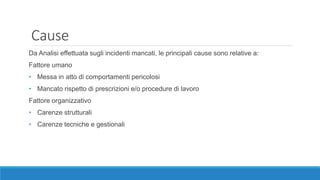Cause
Da Analisi effettuata sugli incidenti mancati, le principali cause sono relative a:
Fattore umano
• Messa in atto di comportamenti pericolosi
• Mancato rispetto di prescrizioni e/o procedure di lavoro
Fattore organizzativo
• Carenze strutturali
• Carenze tecniche e gestionali
 