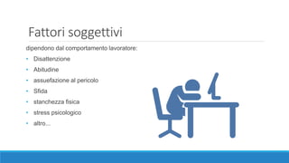 Fattori soggettivi
dipendono dal comportamento lavoratore:
• Disattenzione
• Abitudine
• assuefazione al pericolo
• Sfida
• stanchezza fisica
• stress psicologico
• altro...
 