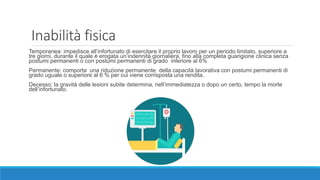 Inabilità fisica
Temporanea: impedisce all’infortunato di esercitare il proprio lavoro per un periodo limitato, superiore a
tre giorni, durante il quale è erogata un’indennità giornaliera, fino alla completa guarigione clinica senza
postumi permanenti o con postumi permanenti di grado inferiore al 6%
Permanente: comporta una riduzione permanente della capacità lavorativa con postumi permanenti di
grado uguale o superiore al 6 % per cui viene corrisposta una rendita.
Decesso: la gravità delle lesioni subite determina, nell’immediatezza o dopo un certo, tempo la morte
dell’infortunato.
 