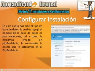 Configurar InstalaciónEn este punto nos pide el tipo de base de datos, la cual es mysql, el nombre de la base de datos es practicadocnete, tal y como la habíamos creado en phpMyAdmin, la contraseña la misma que le colocamos en el PhpMyAdmin