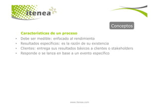 Conceptos
• Debe ser medible: enfocado al rendimiento
• Resultados específicos: es la razón de su existencia
• Clientes: entrega sus resultados básicos a clientes o stakeholders
• Responde o se lanza en base a un evento específico
Características de un proceso
www.itenea.com
 