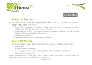 Conceptos
• En definitiva, eres el responsable de que el proceso cumpla su
propósito, pero también:
– De la mejora continua del proceso. Proporciona inputs para el Programa de Mejora
del Servicio SIP (Service Improvement Program)
– Encargado del diseño y de los cambios que se realicen en el proceso así como de
la definición de la estrategia del proceso
Dueño del Proceso
www.itenea.com
la definición de la estrategia del proceso
– Eres el patrocinador
– Eres el encargado de documentarlo y publicarlo
• En definitiva, …eres el responsable de que el proceso funcione
– Planificador
– Coordinador de actividades
– De la mejora continua del proceso (ambos roles comparten esta tarea)
– Monitorización y reporting
Nota: habitualmente estos dos roles recaen sobre la misma persona pero en
organizaciones de gran tamaño tienden a separarse
Gestor del Proceso
 