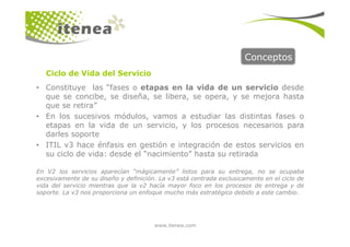 Conceptos
• Constituye las “fases o etapas en la vida de un servicio desde
que se concibe, se diseña, se libera, se opera, y se mejora hasta
que se retira”
• En los sucesivos módulos, vamos a estudiar las distintas fases o
etapas en la vida de un servicio, y los procesos necesarios para
Ciclo de Vida del Servicio
www.itenea.com
etapas en la vida de un servicio, y los procesos necesarios para
darles soporte
• ITIL v3 hace énfasis en gestión e integración de estos servicios en
su ciclo de vida: desde el “nacimiento” hasta su retirada
En V2 los servicios aparecían “mágicamente” listos para su entrega, no se ocupaba
excesivamente de su diseño y definición. La v3 está centrada exclusicamente en el ciclo de
vida del servicio mientras que la v2 hacía mayor foco en los procesos de entrega y de
soporte. La v3 nos proporciona un enfoque mucho más estratégico debido a este cambio.
 
