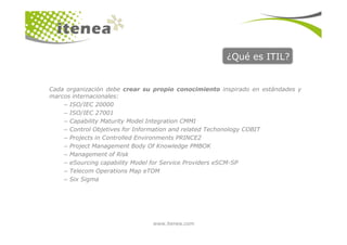 ¿Qué es ITIL?
Cada organización debe crear su propio conocimiento inspirado en estándades y
marcos internacionales:
– ISO/IEC 20000
– ISO/IEC 27001
– Capability Maturity Model Integration CMMI
www.itenea.com
– Capability Maturity Model Integration CMMI
– Control Objetives for Information and related Techonology COBIT
– Projects in Controlled Environments PRINCE2
– Project Management Body Of Knowledge PMBOK
– Management of Risk
– eSourcing capability Model for Service Providers eSCM-SP
– Telecom Operations Map eTOM
– Six Sigma
 