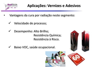 Aplicações: Vernizes e Adesivos•Vantagens da cura por radiação neste segmento: Velocidade de processo; Desempenho: Alto Brilho; Resistência Química; Resistência à Risco. Baixo VOC, saúde ocupacional.  
