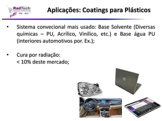 Aplicações: Coatings para Plásticos•Sistemaconvecionalmaisusado:BaseSolvente(Diversasquímicas–PU,Acrílico,Vinílico,etc.)eBaseáguaPU(interioresautomotivospor.Ex.); •Curaporradiação: <10%destemercado;  