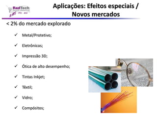 Aplicações: Efeitos especiais / Novos mercados< 2% do mercado explorado Metal/Protetivo; Eletrônicos; Impressão 3D; Ótica de alto desempenho; Tintas Inkjet; Têxtil; Vidro; Compósitos;  