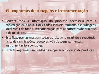 Fluxogramas de tubagens e instrumentação
• Contém toda a informação do processo necessária para a
construção da planta. Estes dados incluem tamanho das tubagens,
localização de toda a instrumentação para as correntes de processo
e de utilidades.
• Este fluxogramas mostram todas as tubagens incluindo a sequência
física de ramificações, redutores, válvulas, equipamentos,
instrumentação e controles.
• Estes fluxogramas são usados para operar o processo de produção
148TQ (mód 1 - Introd. à Indústria Química)
 