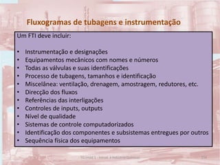 Fluxogramas de tubagens e instrumentação
Um FTI deve incluir:
• Instrumentação e designações
• Equipamentos mecânicos com nomes e números
• Todas as válvulas e suas identificações
• Processo de tubagens, tamanhos e identificação
• Miscelânea: ventilação, drenagem, amostragem, redutores, etc.
• Direcção dos fluxos
• Referências das interligações
• Controles de inputs, outputs
• Nível de qualidade
• Sistemas de controle computadorizados
• Identificação dos componentes e subsistemas entregues por outros
• Sequência física dos equipamentos
154TQ (mód 1 - Introd. à Indústria Química)
 