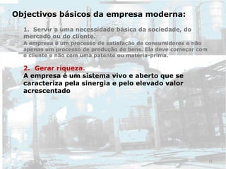 Objectivos básicos da empresa moderna:
1. Servir a uma necessidade básica da sociedade, do
mercado ou do cliente.
A empresa é um processo de satisfação de consumidores e não
apenas um processo de produção de bens. Ela deve começar com
o cliente e não com uma patente ou matéria-prima.
2. Gerar riqueza.
A empresa é um sistema vivo e aberto que se
caracteriza pela sinergia e pelo elevado valor
acrescentado
31
 