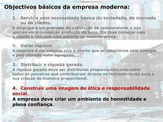 Objectivos básicos da empresa moderna:
1. Servir a uma necessidade básica da sociedade, do mercado
ou do cliente.
A empresa é um processo de satisfação de consumidores e não
apenas um processo de produção de bens. Ela deve começar com
o cliente e não com uma patente ou matéria-prima.
2. Gerar riqueza.
A empresa é um sistema vivo e aberto que se caracteriza pela sinergia
e pelo elevado valor agregado.
3. Distribuir a riqueza gerada.
A riqueza gerada deve ser distribuída proporcionalmente entre
todos os parceiros que contribuíram directa ou indirectamente para a
sua criação de maneira proporcional.
4. Construir uma imagem de ética e responsabilidade
social.
A empresa deve criar um ambiente de honestidade e
plena confiança.
33
 