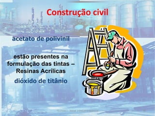 Construção civil
acetato de polivinil
dióxido de titânio
estão presentes na
formulação das tintas –
Resinas Acrílicas
46TQ (mód 1 - Introd. à Indústria Química)
 