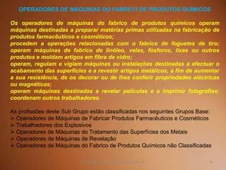 59TQ (mód 1 - Introd. à Indústria Química)
OPERADORES DE MÁQUINAS DO FABRICO DE PRODUTOS QUÍMICOS
Os operadores de máquinas do fabrico de produtos químicos operam
máquinas destinadas a preparar matérias primas utilizadas na fabricação de
produtos farmacêuticos e cosméticos;
procedem a operações relacionadas com o fabrico de foguetes de tiro;
operam máquinas de fabrico de linóleo, velas, fósforos, lixas ou outros
produtos e moldam artigos em fibra de vidro;
operam, regulam e vigiam máquinas ou instalações destinadas a efectuar o
acabamento das superfícies e a revestir artigos metálicos, a fim de aumentar
a sua resistência, de os decorar ou de lhes conferir propriedades eléctricas
ou magnéticas;
operam máquinas destinadas a revelar películas e a imprimir fotografias;
coordenam outros trabalhadores.
As profissões deste Sub Grupo estão classificadas nos seguintes Grupos Base:
 Operadores de Máquinas de Fabricar Produtos Farmacêuticos e Cosméticos
 Trabalhadores dos Explosivos
 Operadores de Máquinas do Tratamento das Superfícies dos Metais
 Operadores de Máquinas de Revelação
 Operadores de Máquinas do Fabrico de Produtos Químicos não Classificadas
 