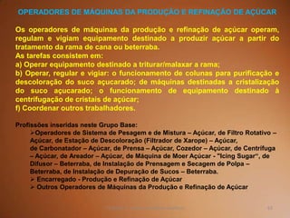63TQ (mód 1 - Introd. à Indústria Química)
OPERADORES DE MÁQUINAS DA PRODUÇÃO E REFINAÇÃO DE AÇÚCAR
Os operadores de máquinas da produção e refinação de açúcar operam,
regulam e vigiam equipamento destinado a produzir açúcar a partir do
tratamento da rama de cana ou beterraba.
As tarefas consistem em:
a) Operar equipamento destinado a triturar/malaxar a rama;
b) Operar, regular e vigiar: o funcionamento de colunas para purificação e
descoloração do suco açucarado; de máquinas destinadas a cristalização
do suco açucarado; o funcionamento de equipamento destinado à
centrifugação de cristais de açúcar;
f) Coordenar outros trabalhadores.
Profissões inseridas neste Grupo Base:
Operadores de Sistema de Pesagem e de Mistura – Açúcar, de Filtro Rotativo –
Açúcar, de Estação de Descoloração (Filtrador de Xarope) – Açúcar,
de Carbonatador – Açúcar, de Prensa – Açúcar, Cozedor – Açúcar, de Centrífuga
– Açúcar, de Areador – Açúcar, de Máquina de Moer Açúcar - "Icing Sugar“, de
Difusor – Beterraba, de Instalação de Prensagem e Secagem de Polpa –
Beterraba, de Instalação de Depuração de Sucos – Beterraba.
 Encarregado - Produção e Refinação de Açúcar
 Outros Operadores de Máquinas da Produção e Refinação de Açúcar
 