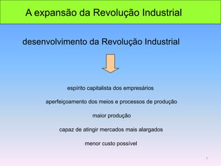 A expansão da Revolução Industrial
espírito capitalista dos empresários
aperfeiçoamento dos meios e processos de produção
maior produção
menor custo possível
capaz de atingir mercados mais alargados
desenvolvimento da Revolução Industrial
7
 