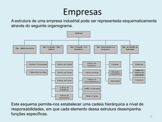 72
Empresas
A estrutura de uma empresa industrial pode ser representada esquematicamente
através do seguinte organograma.
Este esquema permite-nos estabelecer uma cadeia hierárquica a nível de
responsabilidades, em que cada elemento dessa estrutura desempenha
funções específicas.
 