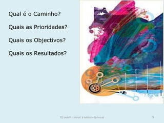 Qual é o Caminho?
Quais as Prioridades?
Quais os Objectivos?
Quais os Resultados?
79TQ (mód 1 - Introd. à Indústria Química)
 