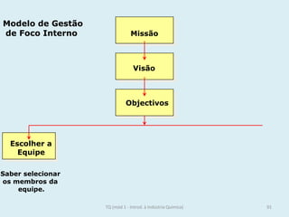 Modelo de Gestão
de Foco Interno Missão
Visão
Objectivos
Escolher a
Equipe
Saber selecionar
os membros da
equipe.
91TQ (mód 1 - Introd. à Indústria Química)
 