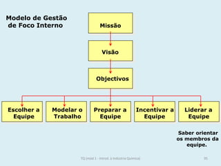 Modelo de Gestão
de Foco Interno Missão
Visão
Objectivos
Escolher a Modelar o Preparar a Incentivar a Liderar a
Equipe Trabalho Equipe Equipe Equipe
Saber orientar
os membros da
equipe.
95TQ (mód 1 - Introd. à Indústria Química)
 