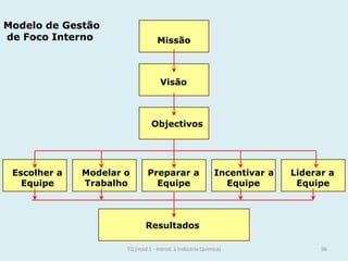 Modelo de Gestão
de Foco Interno Missão
Visão
Objectivos
Escolher a Modelar o Preparar a Incentivar a Liderar a
Equipe Trabalho Equipe Equipe Equipe
Resultados
96TQ (mód 1 - Introd. à Indústria Química)
 