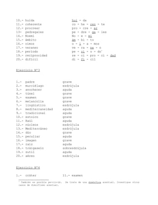 10.-   huida                            hui - da
11.-   coherente                        co - he - ren - te
12.-   procrear                         pro - cre - ar
13-    pedregales                       pe - dre - ga - les
14.-   Noemí                            No - e - mí
15.-   ámbito                           ám - bi - to
16.-   oímos                            o - í - a - mos
17.-   veraneo                          ve - ra - ne - o
18.-   período                          pe - rí - o - do*
19.-   reciprocidad                     re - ci - pro - ci - dad
20.-   difícil                          di - fí - cil


Ejercicio Nº3


1.-    padre                       grave
2.-    murciélago                  esdrújula
3.-    anochecer                   aguda
4.-    túnel                       grave
5.-    examen                      grave
6.-    melancolía                  grave
7.-    lingüístico                 esdrújula
8.-    mediterraneidad             aguda
9.-    tradicional                 aguda
10.-   estoico                     grave
11.-   Raúl                        aguda
12.-   núcleos                     esdrújula
13.-   Mediterráneo                esdrújula
14.-   dúo                         grave
15.-   peculiar                    aguda
16.-   imagen                      grave
17.-   raíz                        aguda
18.-   tráigaselo                  sobresdrújula
19.-   sutil                       aguda
20.-   aéreo                       esdrújula


Ejercicio Nº4

1.-    cráter                      11.- examen
 *
   También es posible pe-rio-do.    Se trata de una dimórfica acentual. Investigue otros
 casos de dimorfismo acentual.
 
