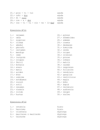 21.-   pros - ti - tuí                     aguda
22.-   cohi - bir                          aguda
23.-   di - luir                           aguda
24.-   cre - a - dor                       aguda
25.-   ins - ti - tu - cio - na - li-dad   aguda


Ejercicio Nº11

1.-    vejamen                             26.-   prócer
2.-    obús                                27.-   efemérides
3.-    suspicaz                            28.-   ademán
4.-    clímax                              29.-   cosmos
5.-    abedul                              30.-   desmanes
6.-    párrafo                             31.-   homicida
7.-    certamen                            32.-   revés
8.-    mendigo                             33.-   origen
9.-    imán                                34.-   criminal
10.-   insípido                            35.-   procaz
11.-   colapso                             36.-   océano
12.-   fértil                              37.-   matriz
13.-   énfasis                             38.-   caimán
14.-   avaro                               39.-   requieren
15.-   matiz                               40.-   filiación
16.-   acidez                              41.-   vendríais
17.-   éter                                42.-   ganglios
18.-   unánime                             43.-   ventrílocuo
19.-   estábamos                           44.-   magia
20.-   rococó                              45.-   búho
21.-   sutil                               46.-   áspid
22.-   resumen                             47.-   vernáculo
23.-   vieseis                             48.-   audiencia
24.-   lívido                              49.-   vergel
25.-   hurtar                              50.-   núcleo


Ejercicio Nº12

1.-    retahíla                            hiato
2.-    heroísmo                            hiato
3.-    clientela                           diptongo
4.-    maullaran o maullarán               diptongo
5.-    Caleuche                            diptongo
 