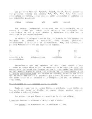 Las palabras "banco", "pecho", "hilo", "ojo", "uva", tienen en
sus primeras sílabas sus vocales "a", "e", "i", "o", "u", sólo
acentuadas; en cambio, estas vocales están acentuadas y tildadas en
las siguientes palabras:

     cráter      célebre        ají     salón         dúctil


     Nos parece fundamental establecer una diferenciación entre
acento y tilde, por cuanto ello delimita con precisión los
significados de uno y otro término y establece claridad por la
sencillez de sus denominaciones.

     Es necesario recordar también que las sílabas de una palabra se
designan,   de  derecha   a   izquierda,   como  última,  penúltima,
antepenúltima y anterior a la antepenúltima. Así, por ejemplo, la
palabra "caramelo" tiene las siguientes sílabas.


CA                         RA                ME                 LO
|                          |                 |                  |
|                          |                 |                  |
anterior a la         antepenúltima     penúltima               última
antepenúltima.


     Naturalmente que hay palabras de dos, tres, cuatro y más
sílabas; en todos estos casos, la denominación es idéntica. Sólo los
monosílabos (palabras que constan de una sílaba) deben ser tratados
de una manera especial para los efectos de la acentuación y su
tildación correspondiente. No existen en español, salvo en los casos
que se verán más adelante, palabras que lleven el acento en sílabas
que estén antes de la anterior o la antepenúltima (4a. de derecha a
izquierda).

Clasificación de las palabras según el acento.

     Según el lugar que la sílaba tónica o acentuada tiene dentro de
las palabras, éstas se dividen en cuatro tipos: agudas, graves,
esdrújulas y sobresdrújulas.

     Son agudas las que llevan el acento en la última sílaba.

Ejemplos: francés - alcatraz - reloj - ají - rondó.

     Son graves las acentuadas en la penúltima sílaba.
 
