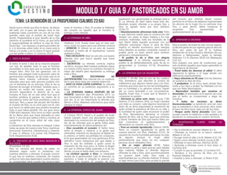 modulo 1 / Guia 9 / PASTOREADOS EN SU AMOR
TEMA: LA BENDICIÓN DE LA PROSPERIDAD (SALMOS 23:6a)
David nunca olvidó que Dios lo llamó de detrás
del redil; con el paso del tiempo, Dios lo fue
exaltando hasta convertirlo en uno de los más
grandes reyes que el pueblo de Israel haya
tenido. Preparándose al gran desafío de su hijo
Salomón al sucederle en el trono, ya que tenía
la responsabilidad de edificar la casa de Dios.
David dijo: “Las riquezas y la gloria proceden de
ti, y tú dominas sobre todo; en tu mano está la
fuerza y el poder, y en tu mano el hacer grande
y el dar poder a todos” (1 Crónicas 29:12).
1.- DIOS ES BUENO:
Al Señor le tomó 5 días de la creación preparar
con lujo de detalles todo lo que el hombre
necesitaba; lo hizo para que no tuviese falta de
ningún bien. Dios fue tan generoso con el
hombre que preparó toda la provisión para las
generaciones venideras, de tal modo que en el
planeta tierra hubiese suficientes recursos
naturales para que cada persona pudiera vivir
con el bienestar de un príncipe. Dios le dio la
libertad de escoger al hombre. También puso 2
árboles en medio del huerto, pues de su
decisión dependería el destino de la raza
humana. El fruto de un solo árbol hizo que el
hombre perdiera el paraíso. En medio de la
abundancia, tomó del fruto prohibido y esto lo
destruyó. Pero a pesar del pecado del hombre,
el corazón de Dios no se cerró para con él, sino
que buscó la salida para que pudiera recuperar
todo lo que había perdido. Por ese gran amor,
4.000 años después, Dios tomó la mejor semilla
de Su Reino para que fuese plantada en esta
tierra. Y una vez que callera a tierra y muriera, se
convertiría en el único árbol de vida (Juan
12:24).
La bendición de Dios siempre es integral. Cubre
todas las áreas de nuestra vida: física, espiritual,
emocional, financiera, interpersonal y material.
(3 Juan 2) (Efesios 1:3) (Josué 1:8) (Filipenses
4:19) (Deuteronomio 8:18).
2.- EL PRETEXTO DE DIOS PARA BENDECIR A
SUS HIJOS
(Proverbios 3:9-10).
Dios no necesita del dinero de nadie; no
obstante según como lo honremos con
nuestros diezmos y ofrendas, Él puede conocer
lo que hay en nuestros corazones. De nuestra
actitud en esta área dependerá nuestro destino.
La prosperidad viene cuando hay reciprocidad
entre el hombre y Dios. Él prueba la fidelidad
del corazón en aquello que el hombre le
entrega como ofrenda.
3.-LA OFRENDA DE ABEL
(Hebreos 11:4). Puede notar que en este solo
verso están los pasos para una ofrenda correcta:
• OFRECIÓ: El ofrecer es un acto de nuestra
voluntad, a través de él expresamos nuestra
gratitud a Dios.
• MÁS EXCELENTE: Abel no solo dio una buena
ofrenda sino que buscó aquella que fuese
inigualable.
• SACRIFICIO: La ofrenda correcta implica
sacrificio. Aunque Abel hubiese preferido darse
a si mismo a Dios, buscó un sustituto. Escogió lo
mejor del rebaño para representar su entrega
total a Dios.
• ALCANZÓ TESTIMONIO DE
JUSTIFICACIÓN: Esta ofrenda fue un sustituto
de lo que Jesús haría por nuestra redención.
• DIOS LO PUSO COMO EJEMPLO: Su ofrenda
se convirtió en un poderoso argumento a su
favor.
• LA OFRENDA HABLA DESPUÉS DE SU
MUERTE: Salomón dijo: (Proverbios 10:7). Lo
que inmortalizó a Abel fue la clase de ofrenda
que dio. Si es tan importante la ofrenda que
demos a Dios, debemos esforzarnos para darle
siempre lo mejor.
4.- LA OFRENDA, ESPEJO DEL ALMA:
(1 Crónica 29:17). David y el pueblo de Israel
habían logrado reunir una abundante riqueza
destinada a la construcción del templo de Dios,
dio de las ofrendas que la gente había dado
voluntariamente. En David podemos ver:
• Dios escudriña el corazón: El Señor Jesús
entró al templo y observó a la gente que
ofrendaba; mientras los discípulos se fijaban en
lo externo, el Señor escudriñaba los corazones.
A los que aparentaban ser muy generosos, Él los
identificó como mezquinos por que daban a
Dios lo que les sobraba; a quién causó la
impresión de dar muy poco, el Señor la elogió
por que la ofrenda había superado a la de los
demás, ya que la había dado con esfuerzo.
• La rectitud agrada a Dios: La integridad
resulta de la generosidad. Caín lo destruyó su
egoísmo; a Judas lo aniquiló la avaricia. Los
hombres que tocaron el corazón de Dios
expresaron con generosidad su entrega total a
Él. La ofrenda de Abel habla hasta este día.
Abraham aceptó ofrendar a su propio hijo, y
Dios se agradó tanto por esto (Génesis
22:16-17)
• Voluntariamente ofrecemos todo esto: Todo
lo que Salomón realizó para la construcción del
templo: oro, plata, la mejor madera y los más
costosos materiales, todo era resultado de lo
que David había logrado acumular con sus
ofrendas voluntarias. Hacer la obra de Dios
implica un desafío económico, pero siempre
estos desafíos se pueden conquistar cuando el
pueblo pone un buen ánimo para sembrar
generosa y voluntariamente.
• El pueblo le da a Dios con alegría
espontánea: A la ofrenda espontánea, el
pueblo la da deliberadamente, pues da de su
generosidad (2 Corintios 9:7-8) (Proverbios
11:25).
5.- LA OFRENDA QUE DA SALVACIÓN
(LUCAS 7: 44-48). Este es uno de los cuadros
más dramáticos que describe la actitud de
indiferencia que algunos tienen para con Dios,
mientras que otros que no son tan privilegiados,
por su humildad y su genuina oración, logran
dar un curso favorable a sus circunstancias.
Aquella mujer hizo 3 cosas que la llevaron a
conquistar su perdón.
• Derramó su alma ante Jesús: (Lucas 7:38)
(Salmos 27:13) (Salmos 34:6). La mujer clamaba
con todo su corazón, cada lágrima mostraba el
dolor de un alma angustiada; la veneración de
quién anhela la presencia de Dios en su vida; y
la humildad de quién sabe reconocer el poder
de Dios. Necesitamos derramar el corazón
delante de Dios. Job lo hizo, igual que Jeremías
y David, hombres de Dios que fueron fieles por
que conocieron el quebrantamiento y
derramaron su corazón ante Dios.
• Tuvo un corazón agradecido: (Salmos 100:4).
Tener un corazón agradecido es parte de
nuestra relación con Dios. (Hebreos 13:15). Se
requiere de mucha humildad para besar los pies
de alguien, aunque la mujer sabía
perfectamente que Jesús no era cualquier
persona, era el verdadero Dios.
• Dio su mejor ofrenda: (V38). Había
derramado su alma y dado gracias, pero faltaba
algo material, faltaba su ofrenda. Algunos
ofrendan la vida a Dios, pero económicamente
no quieren darle nada. Dios mide su
espiritualidad por su ofrenda material. El dinero
es algo íntimo para Dios, pero prueba lo grande
del corazón que ofrenda. Aquel costoso
perfume en el frasco de alabastro representaba
los ahorros de la mujer. Era un perfume muy
fino, y para abrirlo debía romperse el
recipiente. Esto representaba el
quebrantamiento de su vida.
6.- APRENDER A DIEZMAR
Para el pueblo de Israel ha sido normal separar
la décima parte de sus ingresos para la obra de
Dios, aún antes de que Él lo hubiese
establecido en la ley mosaica. Abraham dio sus
diezmos a Melquisedec, quien lo bendijo
(Hebreos 7:2-6) (Génesis 28:20-22) (Malaquías
3:10-12).
Dios preparó una serie de condiciones que
solo recibirán aquellos que hayan aprendido la
importancia de diezmar:
• Traed todos los diezmos al alfolí: El alfolí
representa la iglesia, o el lugar donde nos
edificamos espiritualmente.
• Haya alimento en Mi casa: Con los diezmos
se sostiene la obra de Dios.
• Y probadme: Es el único texto donde Dios
invita a Sus hijos a probar Su fidelidad con los
que son fieles diezmadores.
• Reprenderé también por vosotros al
devorador: El devorador es el espíritu de ruina
que el Señor se compromete a alejar de
nosotros.
• Y todas las naciones os dirán
bienaventurados: La bendición será tan clara
que se extenderá a otras naciones, ellos verán
el favor de Dios hacia cada uno de Sus hijos.
• Porque seréis tierra deseable: Esto solo
sucede cuando la maldición a sido quitada y la
bendición es restaurada en nuestro territorio.
7.- ENSEÑANZAS CLAVES SOBRE LA
OFRENDA:
• Dar la ofrenda en secreto (Mateo 6:2-4)
• Ofrendar es invertir en el banco celestial
(Mateo 6: 19-21)
• Escoger entre el afán y la fe: (Mateo 6:31-33)
• Según como ofrende, recibirá: (Lucas 6:38)
• Ofrendar lo hace dichoso: (Hechos 20:35)
• Aprender a ofrendar como lo hizo Jesús: (2
Corintios 8:9)
• Cumplir lo que se promete: (2 Corintios 9:7)
• Bendecir a los siervos de Dios con las
finanzas (Gálatas 6:6)
• Enseñar a otros a ofrendar: (1 Pedro 4:10)
 