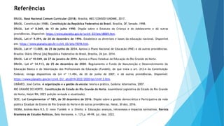 Referências
BRASIL. Base Nacional Comum Curricular (2018). Brasília, MEC/CONSED/UNDIME, 2017.
BRASIL. Constituição (1988). Constituição da República Federativa do Brasil. Brasília, DF, Senado. 1998.
BRASIL. Lei nº 8.069, de 13 de julho 1990. Dispõe sobre o Estatuto da Criança e do Adolescente e dá outras
providências. Disponível: https://www.planalto.gov.br/ccivil_03/leis/l8069.htm.
BRASIL. Lei nº 9.394, de 20 de dezembro de 1996. Estabelece as diretrizes e bases da educação nacional. Disponível
em: https://www.planalto.gov.br/ccivil_03/leis/l9394.htm.
BRASIL. Lei nº 13.005, de 25 de junho de 2014. Aprova o Plano Nacional de Educação (PNE) e dá outras providências.
Brasília: Diário Oficial [da] República Federativa do Brasil, Brasília, 26 jun. 2014.
BRASIL. Lei nº 10.049, de 27 de janeiro de 2016. Aprova o Plano Estadual de Educação do Rio Grande do Norte.
BRASIL. Lei nº 14.113, de 25 de dezembro de 2020. Regulamenta o Fundo de Manutenção e Desenvolvimento da
Educação Básica e de Valorização dos Profissionais da Educação (Fundeb), de que trata o art. 212-A da Constituição
Federal; revoga dispositivos da Lei nº 11.494, de 20 de junho de 2007; e dá outras providências. Disponível:
https://www.planalto.gov.br/ccivil_03/_ato2019-2022/2020/lei/l14113.htm.
LIBÂNEO, José Carlos. A organização e a gestão da escola: teoria e prática. Goiânia: Alternativa, 2007.
RIO GRANDE DO NORTE. Constituição do Estado do Rio Grande do Norte. Assembleia Legislativa do Estado do Rio Grande
do Norte, Natal/RN, 2023 (edição revisada e atualizada).
SEEC. Lei Complementar nº 585, de 30 dezembro de 2016. Dispõe sobre a gestão democrática e Participativa da rede
pública Estadual de Ensino do Rio Grande do Norte e dá outras providências. Natal, 30 dez. 2016.
VIEIRA, Andrea Mara R.S. O novo Fundeb e o Direito à Educação: avanços, retrocessos e impactos normativos. Revista
Brasileira de Estudos Políticos, Belo Horizonte, n. 125,p. 49-99, jul./dez. 2022.
 